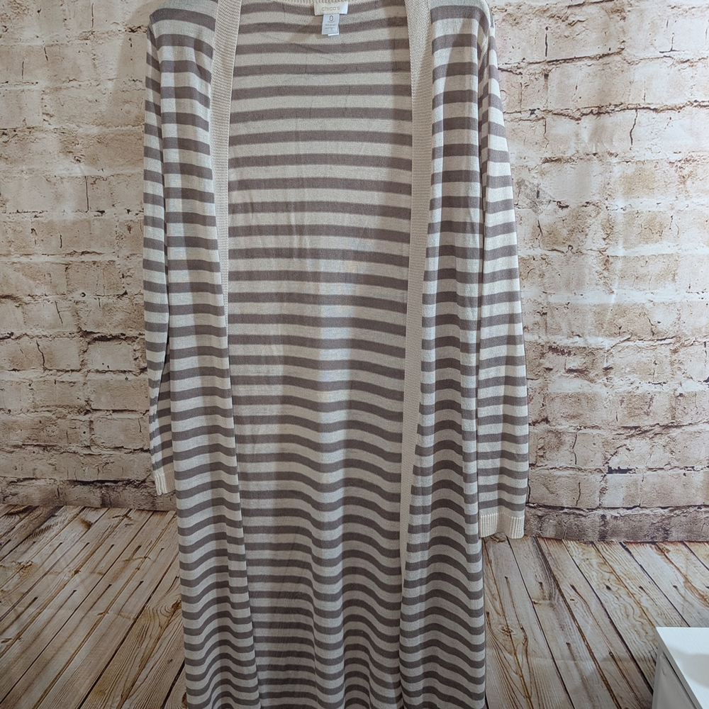 ~Chico's stripe longline cardigan duster made from a beige and mocha rayon 